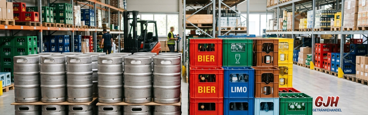 Gestapelte Getränkekisten und Bierfaesser auf Paletten in einem Lager mit Verfügbarkeit großer Mengen